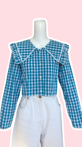 Sweaties • T.36 à 42 • Chemise upcyclée grand col bleu à carreaux blancs