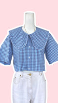 Sweaties • T.36 à 40 • Chemise upcyclée grand col rond motifs carreaux bleu