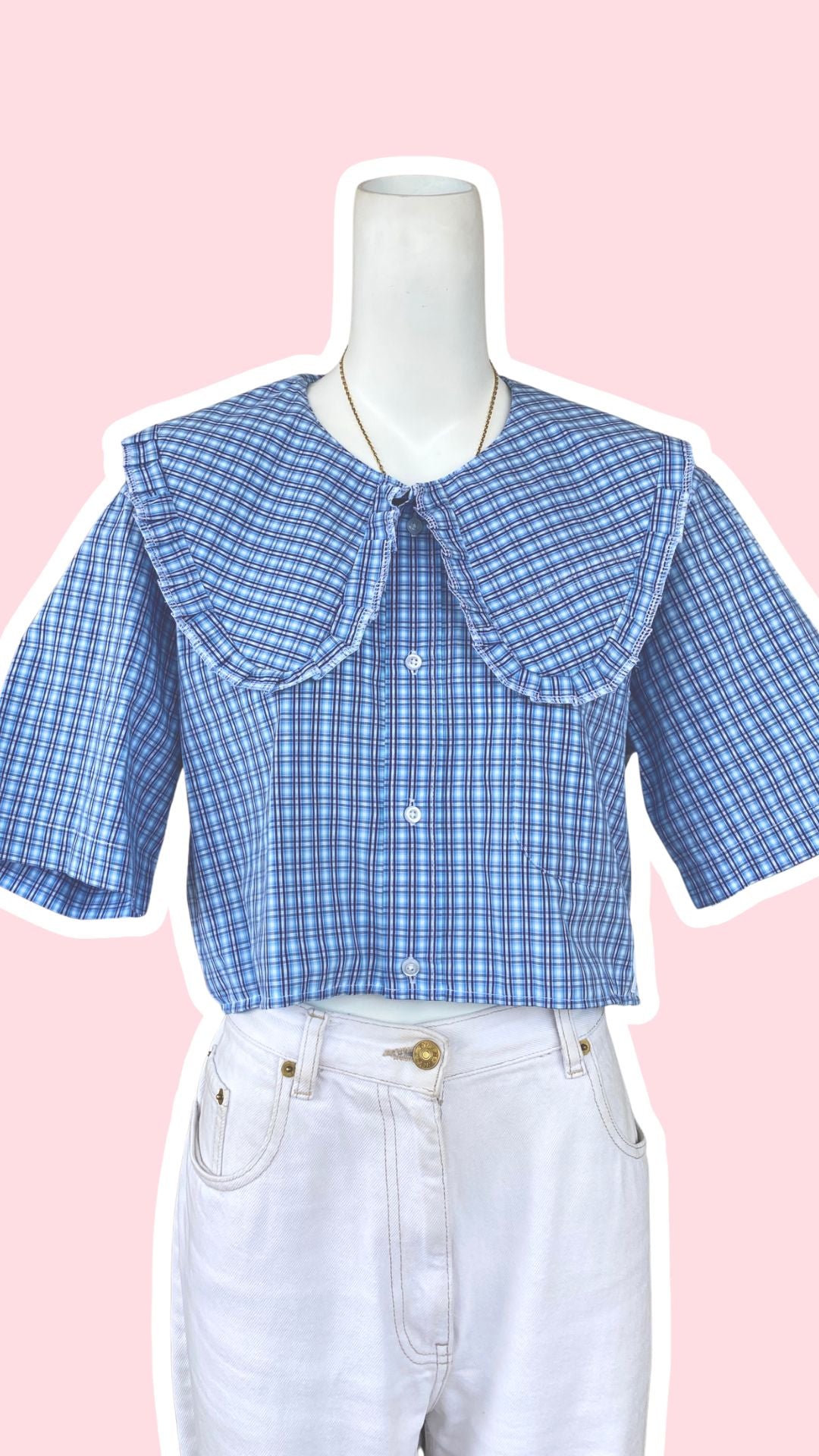 Sweaties • T.36 à 40 • Chemise upcyclée grand col rond motifs carreaux bleu