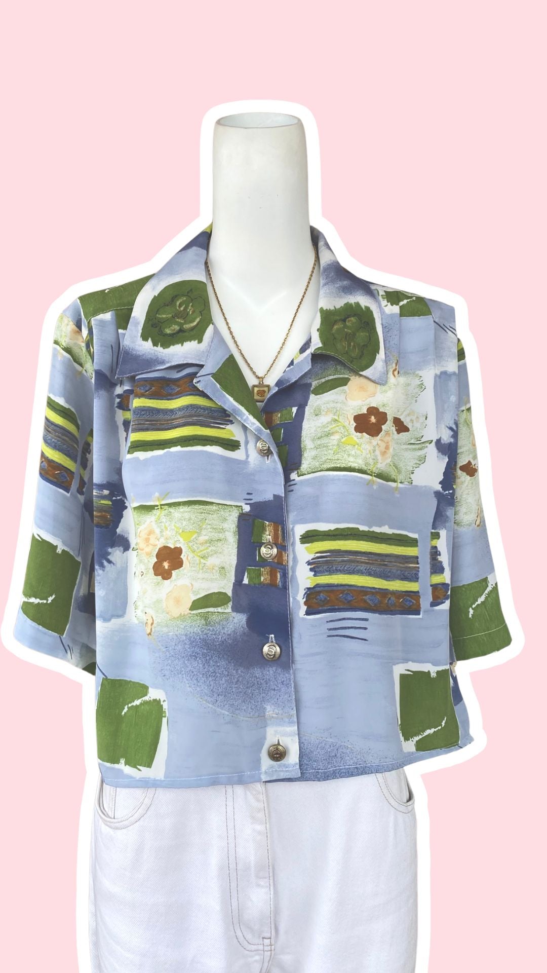 Cropped • T. 38  à 44 • Chemise crop top bleue et verte à motifs