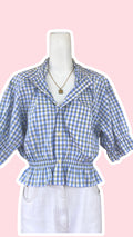 Intemporelle • T. 36 à 40 • Chemise crop top bouffante upcyclée carreaux bleu vert