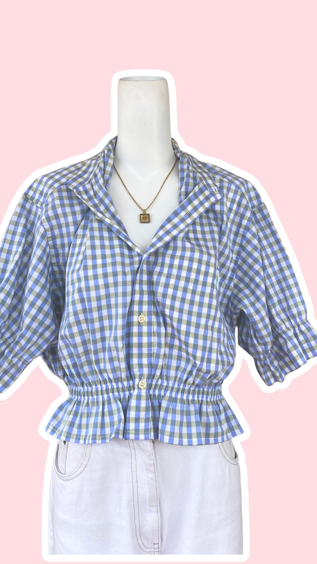 Intemporelle • T. 36 à 40 • Chemise crop top bouffante upcyclée carreaux bleu vert