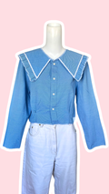 Sweaties • T.36 à 40 • Chemise upcyclée grand col bleu à petits carreaux