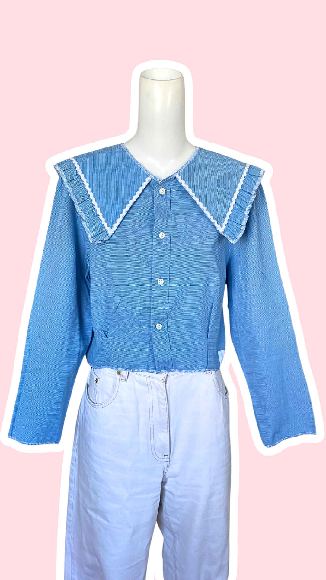 Sweaties • T.36 à 40 • Chemise upcyclée grand col bleu à petits carreaux