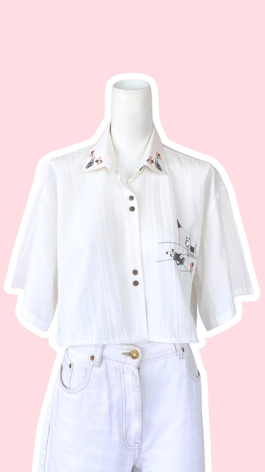 chemise crop top blanche à broderies chiens