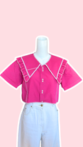 .Sweaties • T.32 à 38 • Chemise upcyclée grand col rose fuchsia zig zag blanc