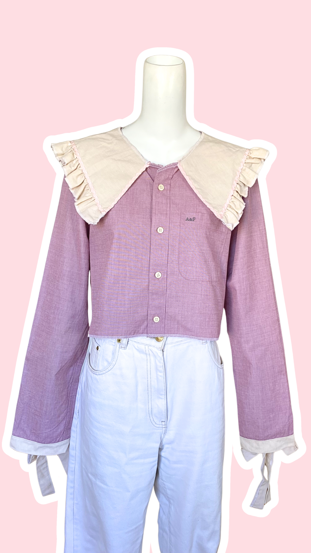 Sweaties • T.36 à 40 • Chemise upcyclée grand col bi colore vieux rose + noeuds