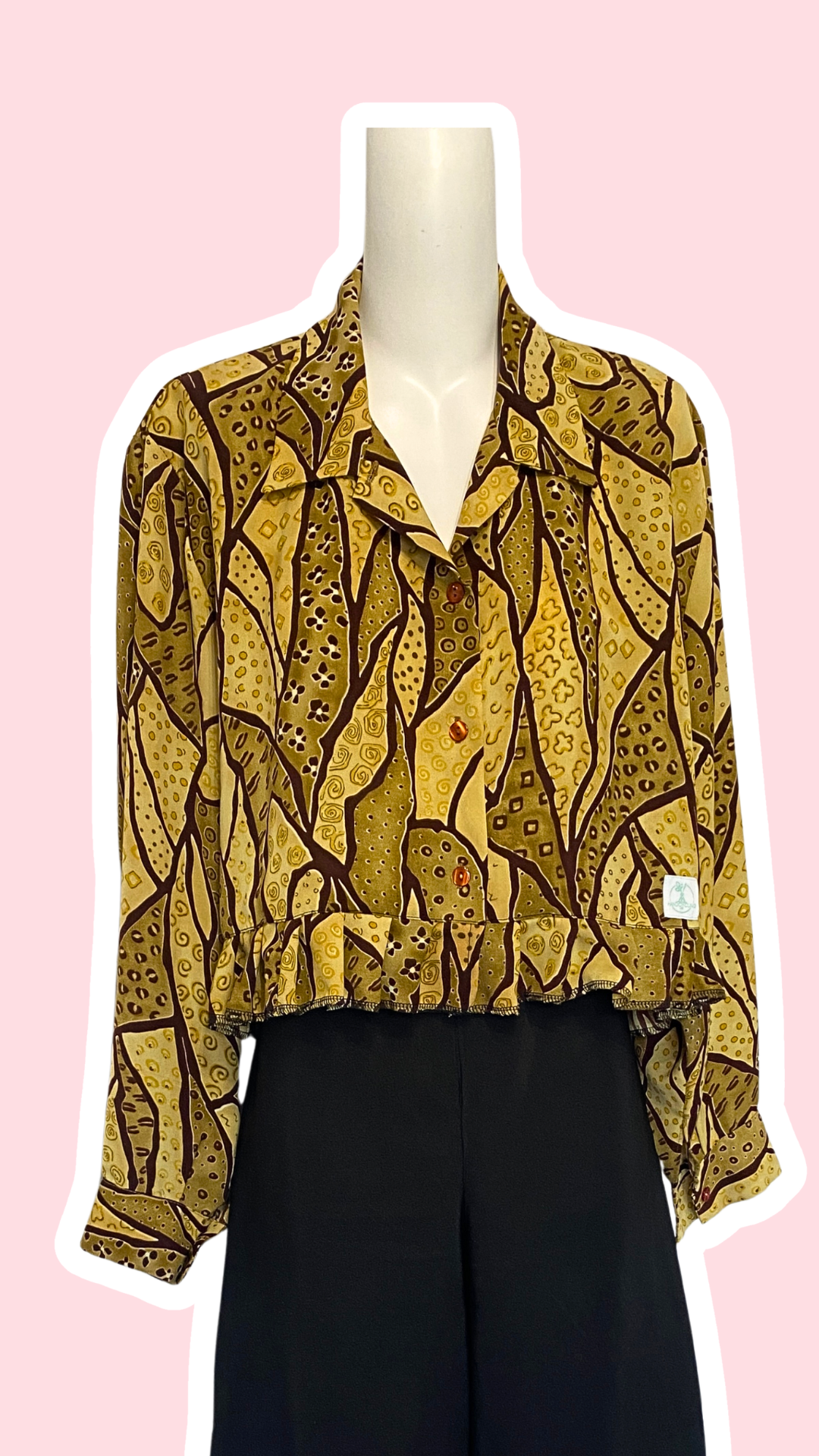 Chemise froufrou • T. 36 à 44 • Chemise courte manches longues motifs marron et jaune