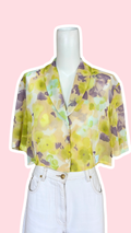 Chemise cropped manche courte • T. 36 à 38 • Chemise courte manche courte jaune et violette voilage transparent