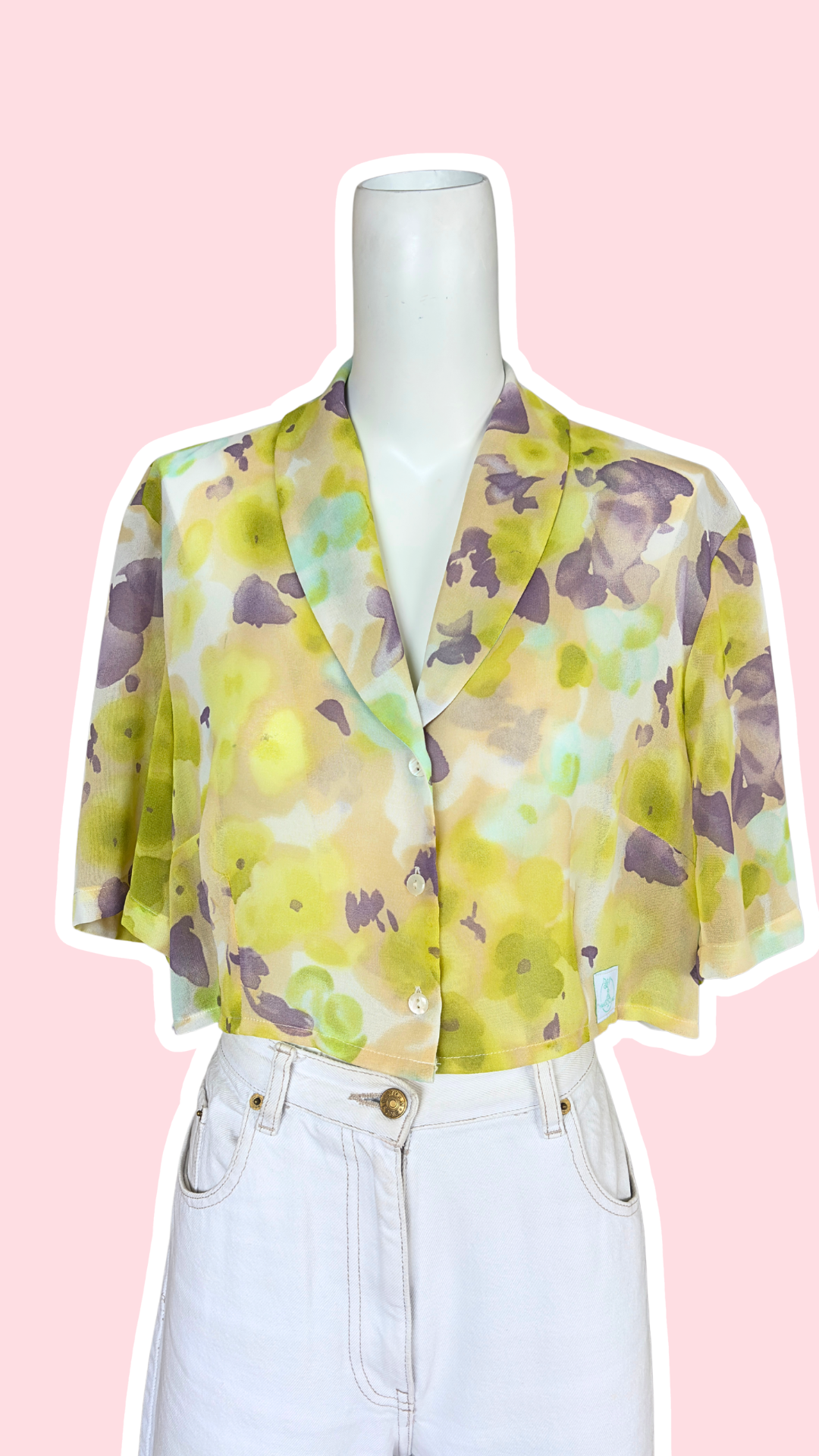 Chemise cropped manche courte • T. 36 à 38 • Chemise courte manche courte jaune et violette voilage transparent