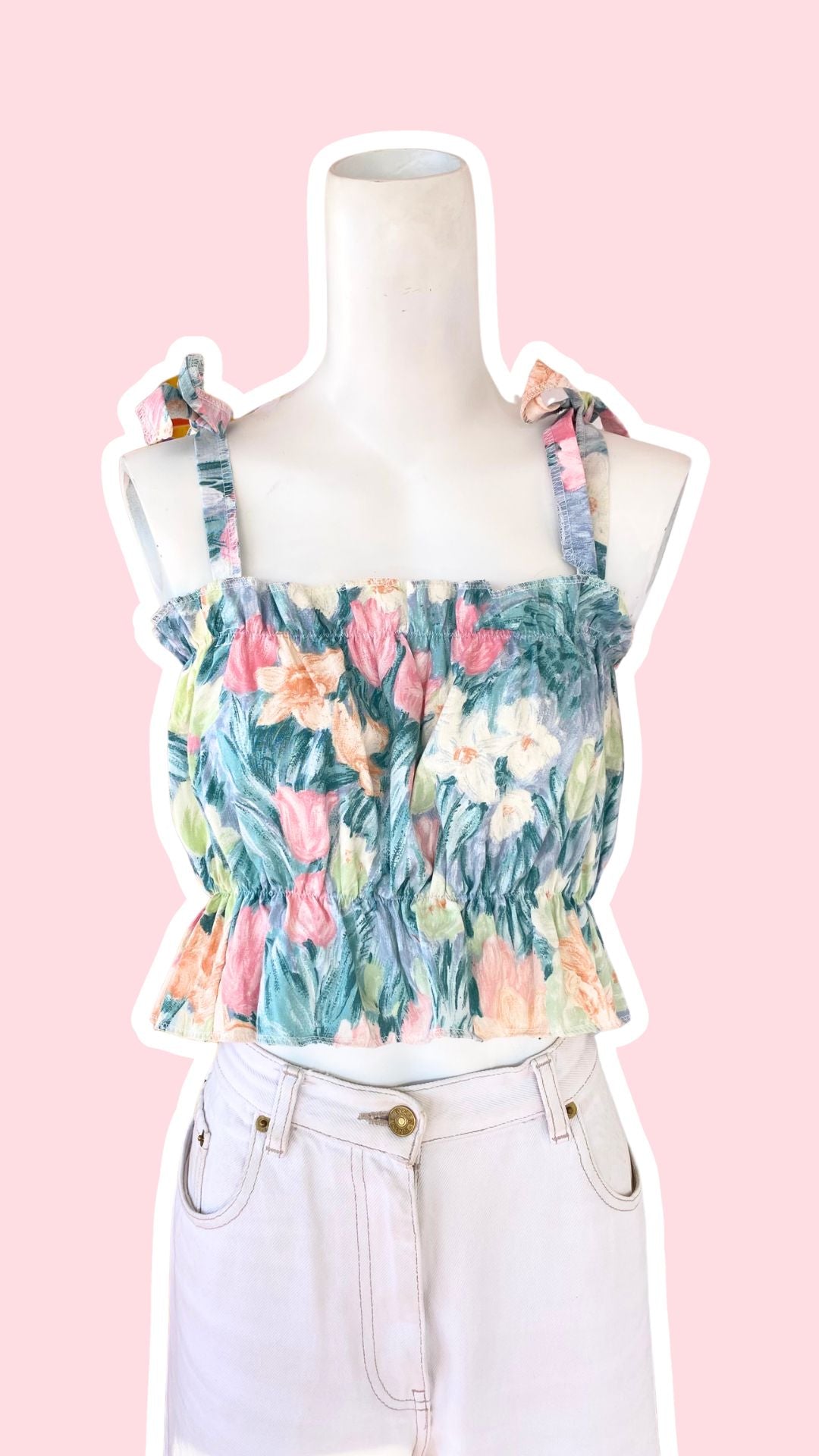 P'tis Ôh • Taille M  • Haut bandeau floral tons vert gris fleurs orange rose vert pastel