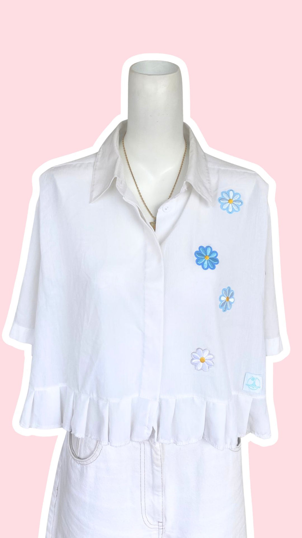 Froufrou • T. 38 à 46 • Chemise crop top blanche à fleurs bleues