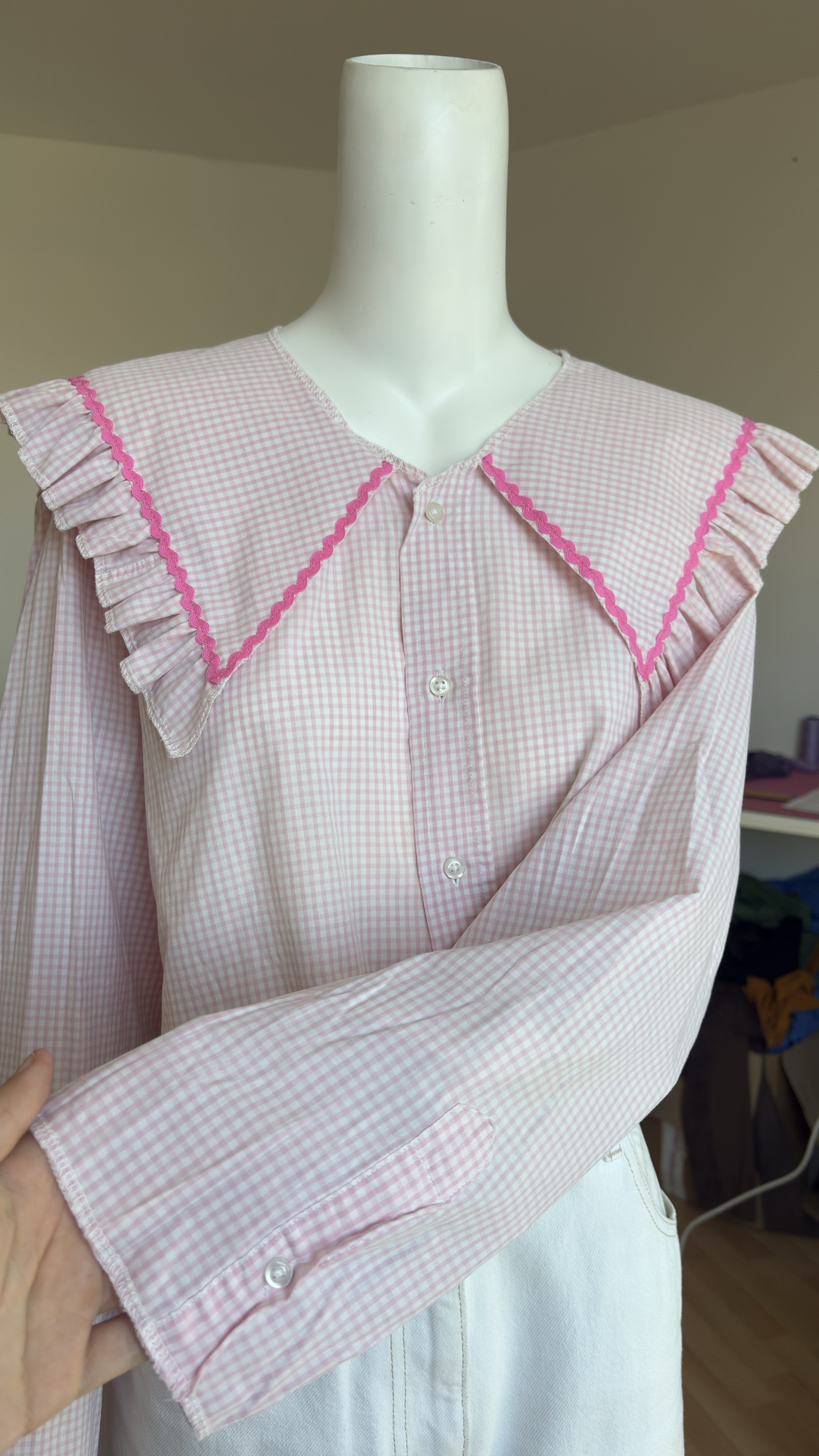 Sweaties • T.36 à 42 • Chemise upcyclée grand col vichy rose pastel