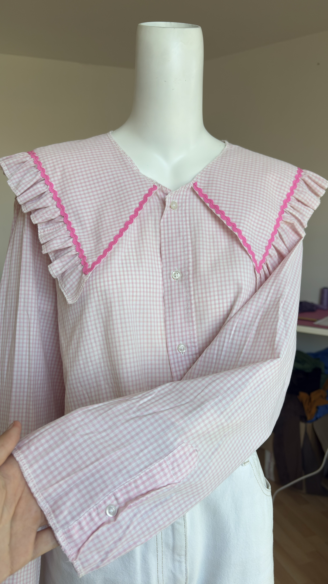 Sweaties • T.36 à 42 • Chemise upcyclée grand col vichy rose pastel