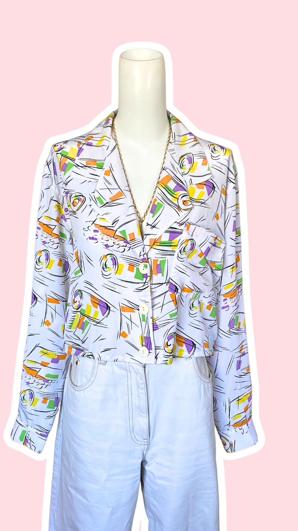 Cropped • T. 36 à 40 • Chemise courte manches longues blanche & dessins colorés