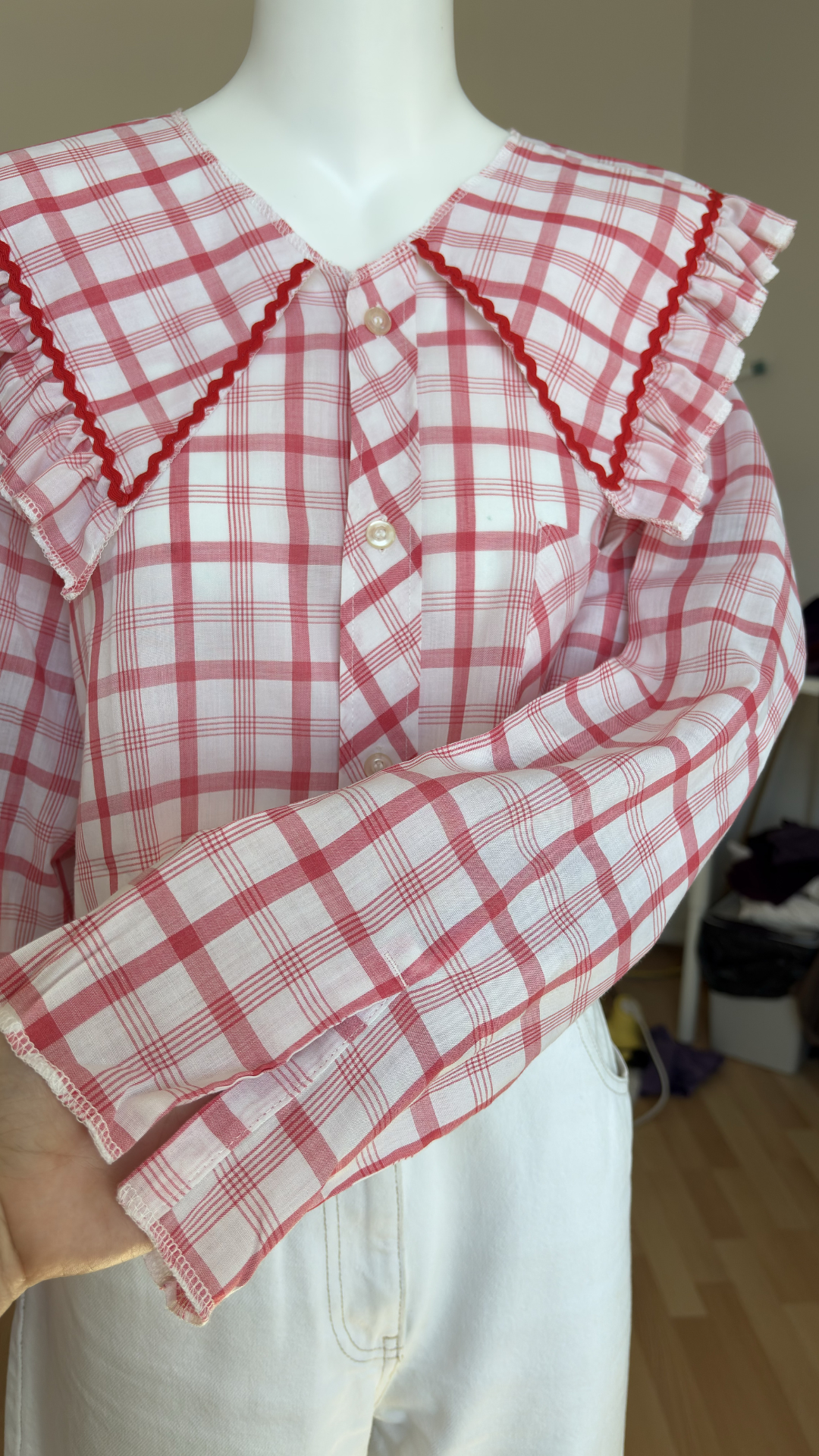Sweaties • T.36 à 40 • Chemise upcyclée grand col gros carreaux rouges