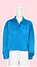 Cropped • T. 36 à 40 • Chemise crop top manches longues satinée bleue à motifs