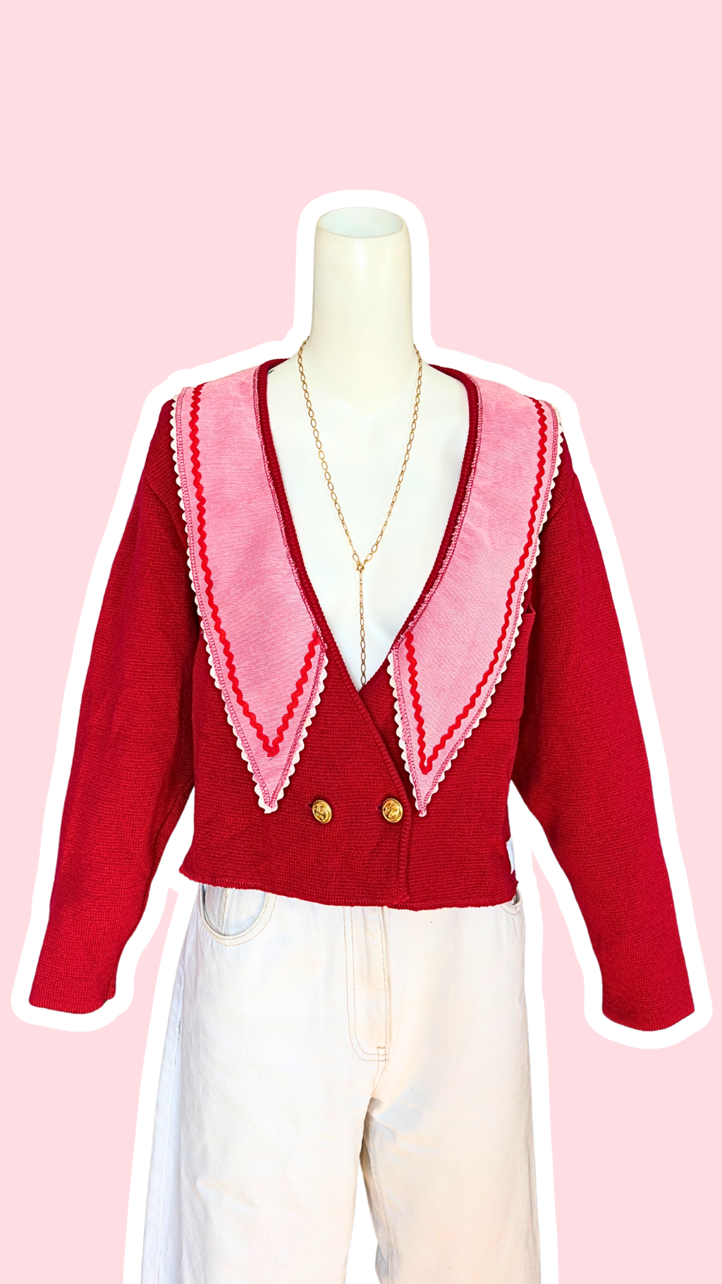 Pull upcyclé • T.36 à 38 • pull rouge col pelle à tarte rose