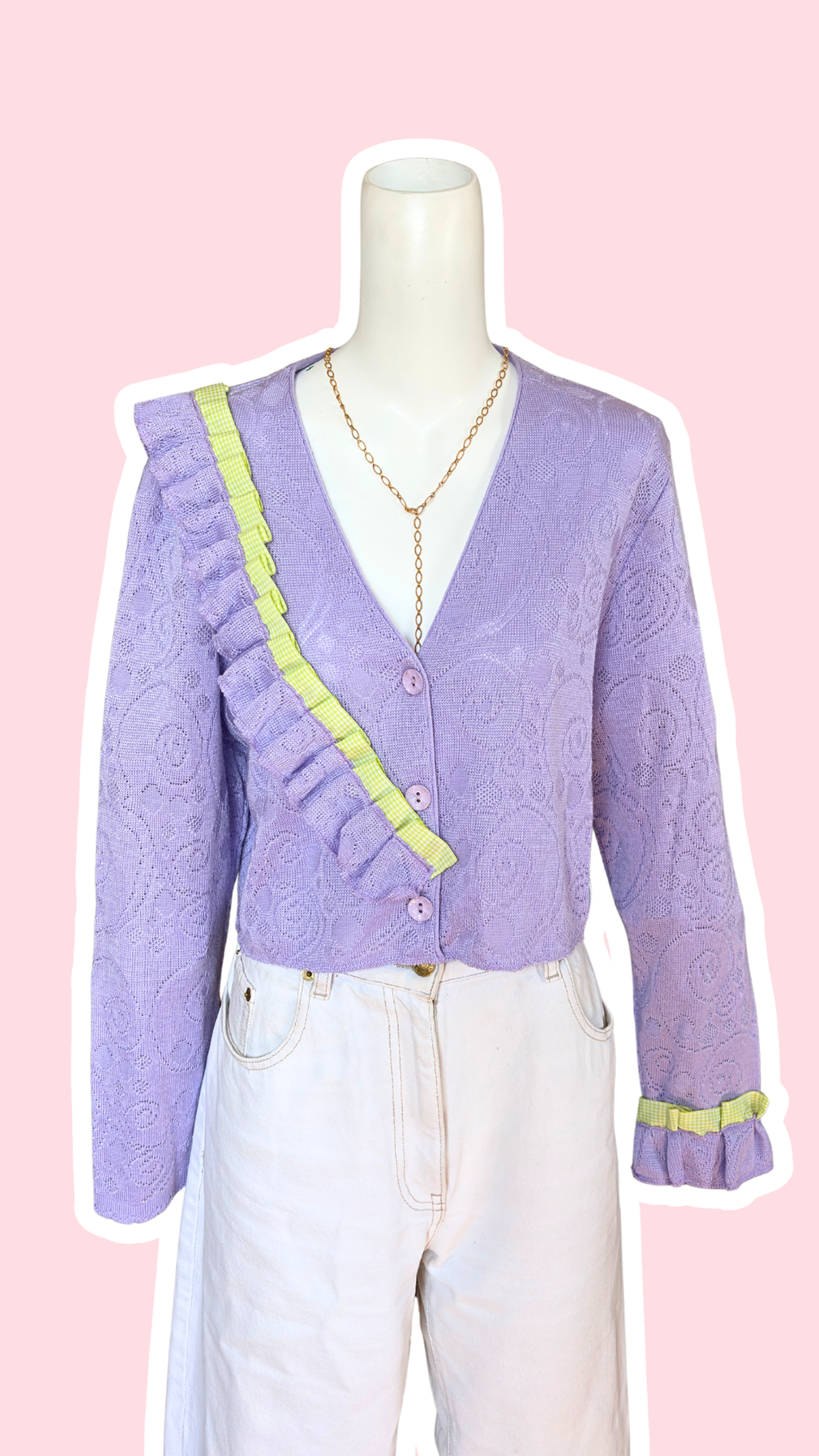 Pull upcyclé • T.34 à 38 • pull court violet bande froufrou