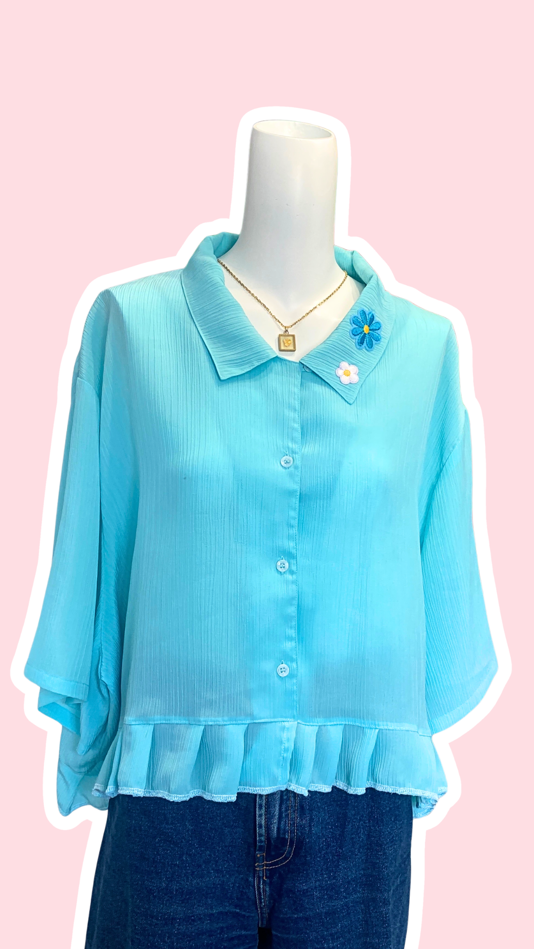 Chemise froufrou • T. 40 à 50 • Chemise courte manches trois quart bleu turquoise + fleurs
