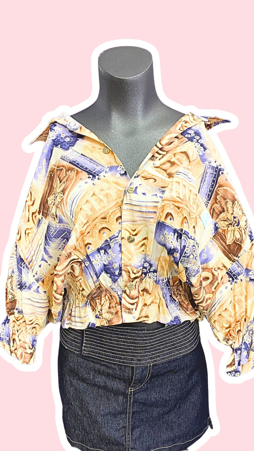 Intemporelle • T. 38 à 44 • Chemise crop élastiquée bariolée beige bleu