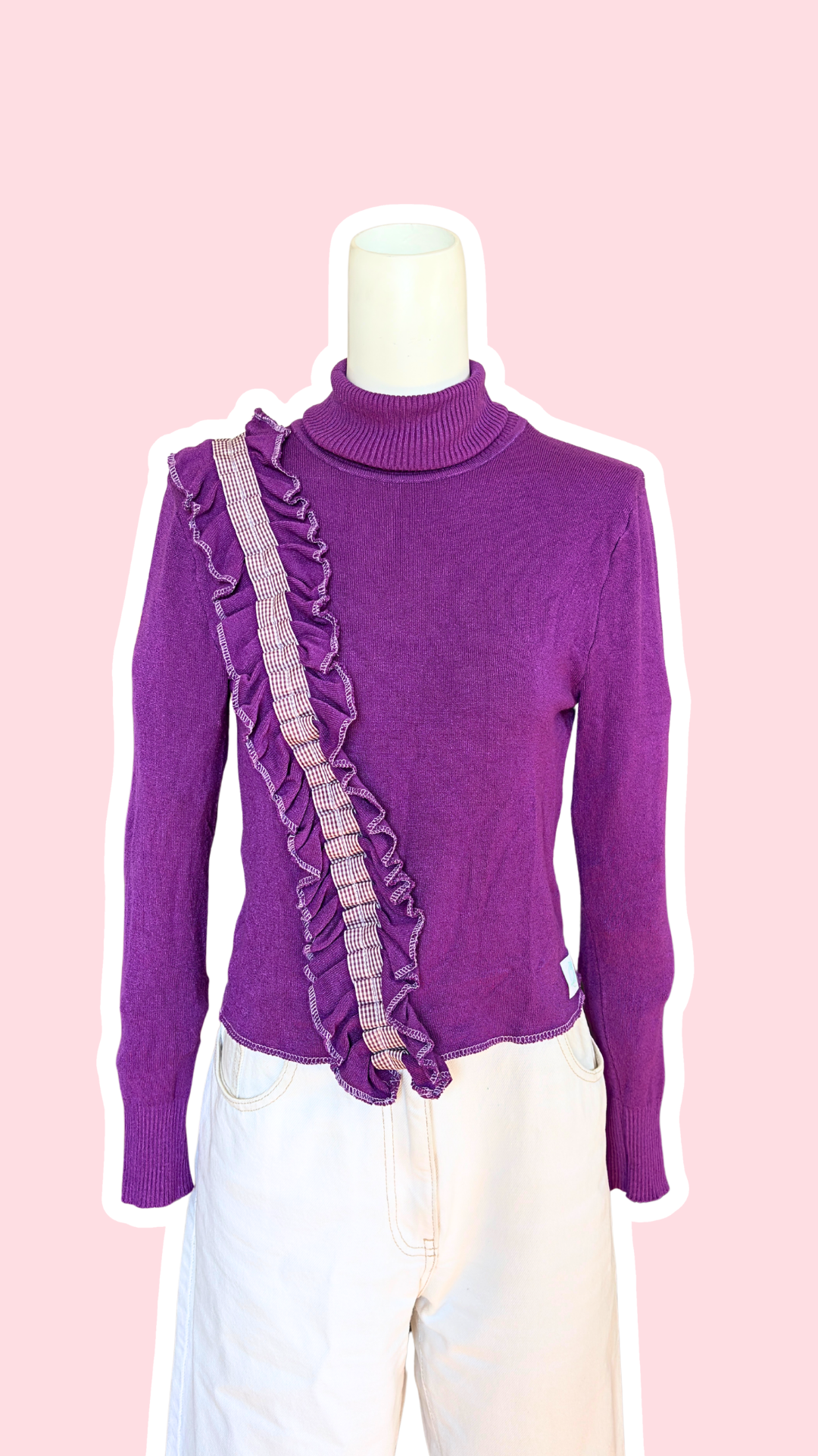 Pull upcyclé • T.36 à 40  • pull court col roulé bande froufrou
