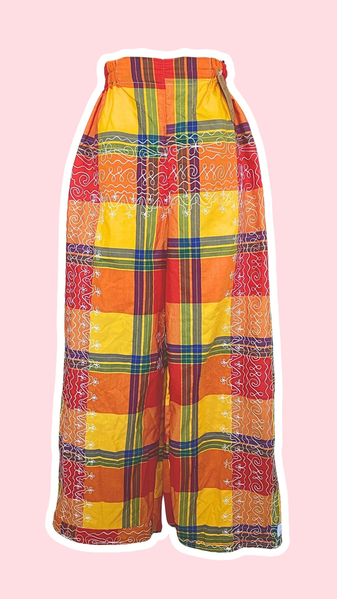 Pants • Taille M • Pantalon upcyclé madras brodé blanc