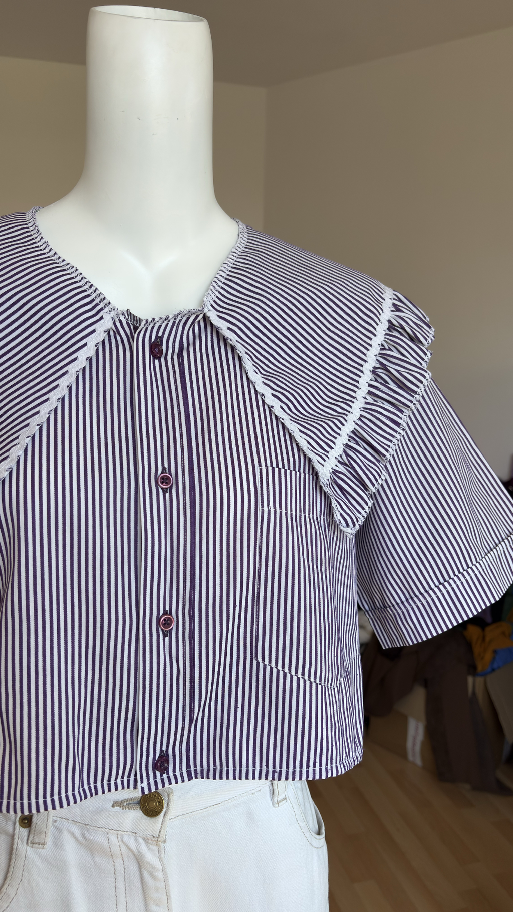 Sweaties • T. 36 à 40 • Chemise upcyclée grand col rayure violette