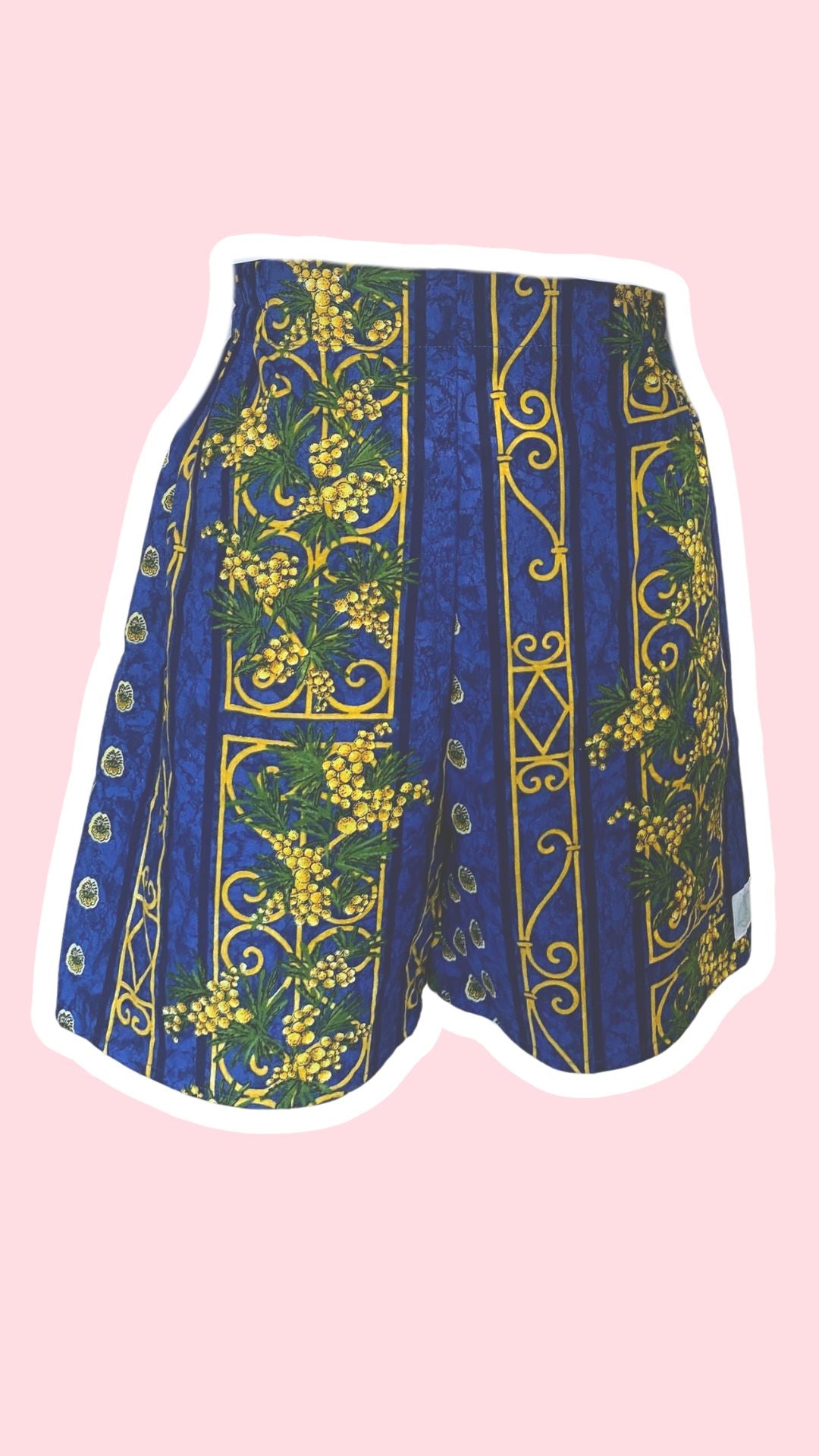 Short • T.XS/S, M  et XL • Short upcyclé bleu motif provençal mimosas jaunes