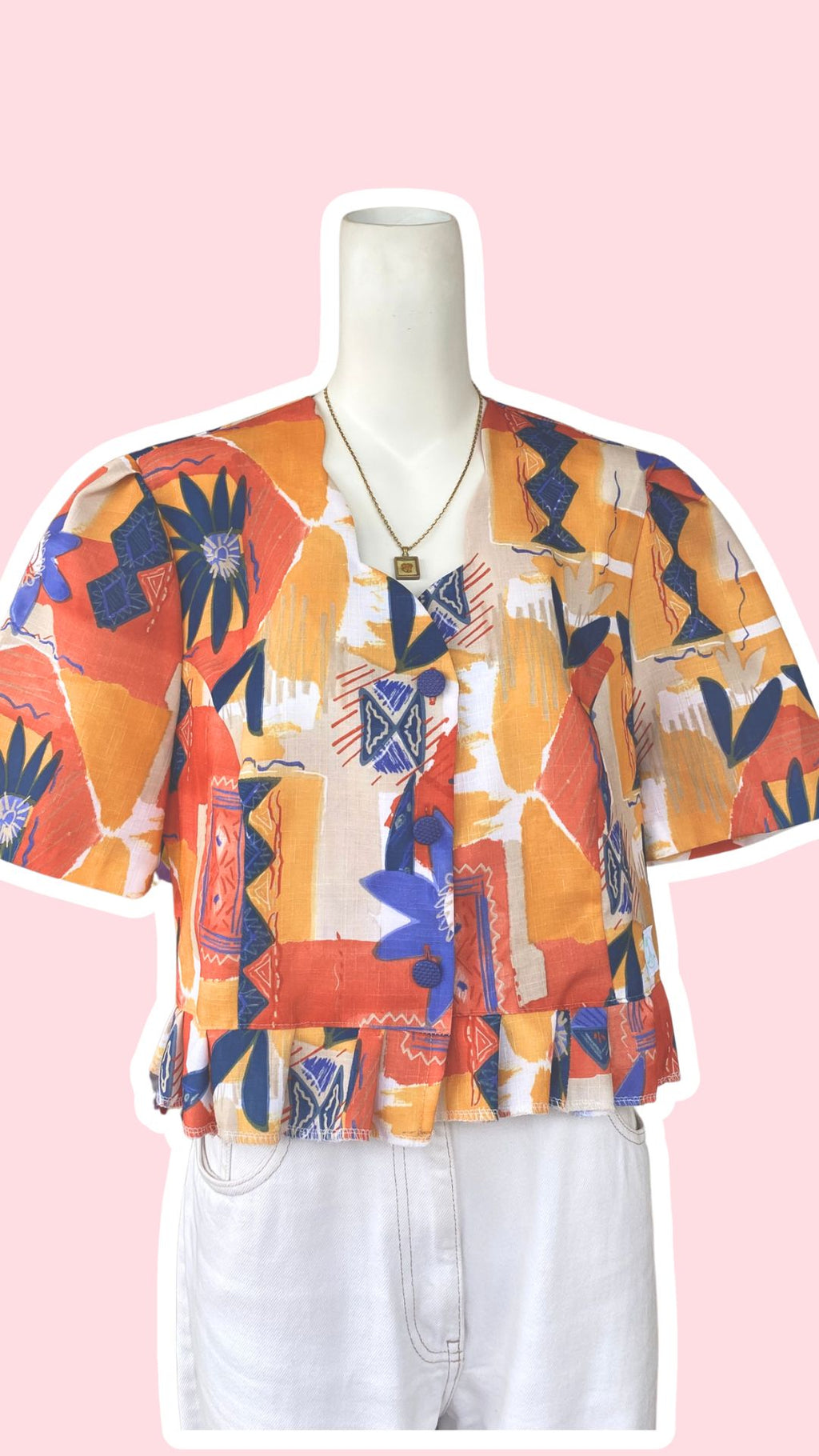 Froufrou • T. 36 à 38 • Chemise crop top orange et bleue motifs