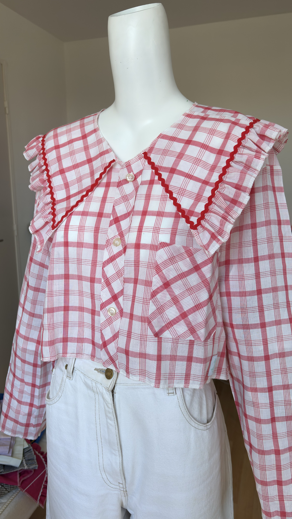 Sweaties • T.36 à 40 • Chemise upcyclée grand col gros carreaux rouges