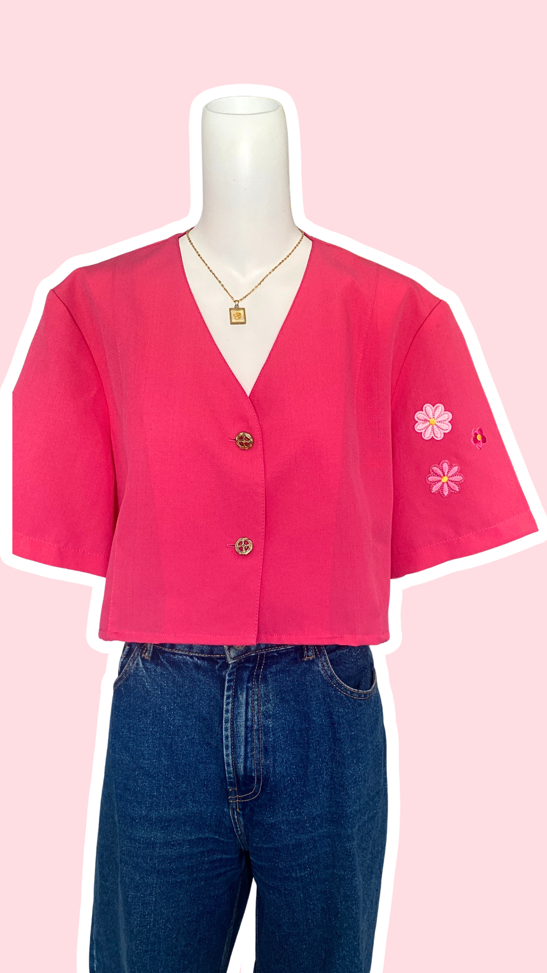 Cropped • T. 38 à 46 • Chemise courte manches courtes fuchsia + fleurs