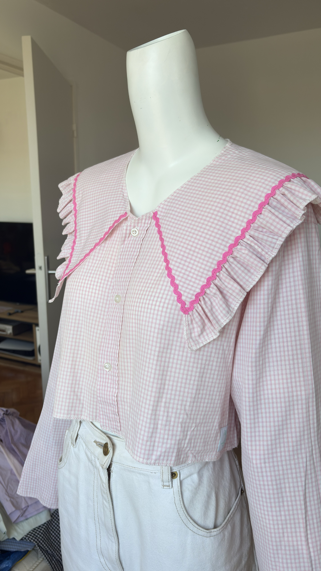 Sweaties • T.36 à 42 • Chemise upcyclée grand col vichy rose pastel