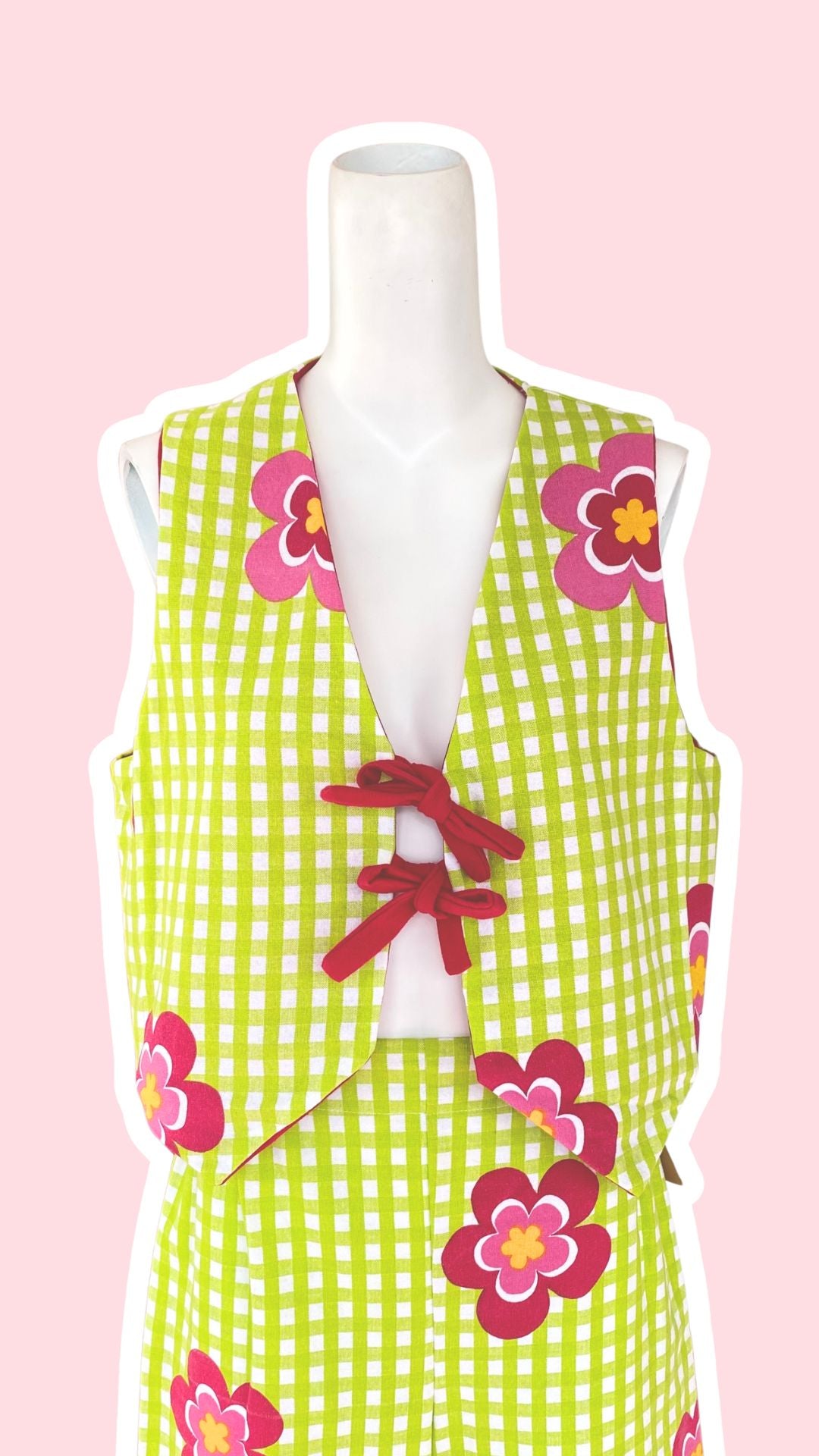 Veston • Taille unique • Veston upcyclé vichy vert / uni fushia