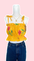 P'tis Ôh • T. M  • Haut bandeau à froufrou upcyclé jaune à fleurs rouge