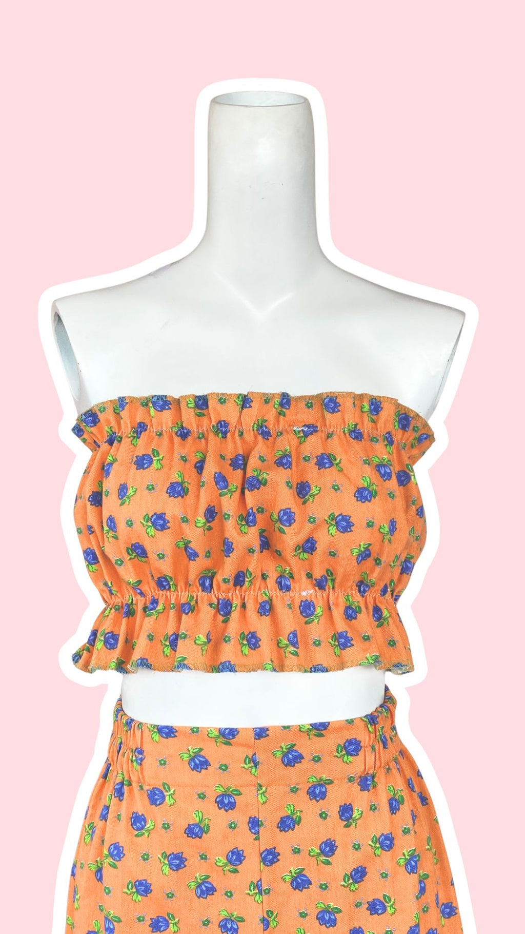 P'tis Ôh • T. XS/S  • Haut bandeau à froufrou orange fleurs bleues