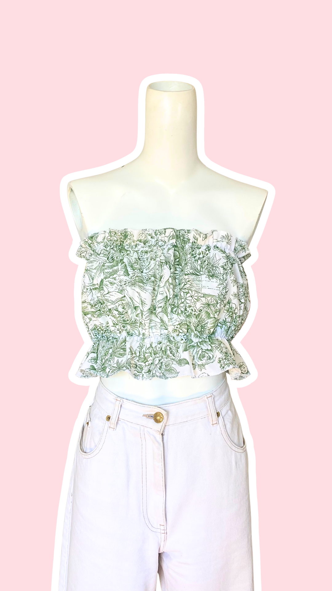 P'tis Ôh • T.XS/S au XL • Haut bandeau à froufrou toile de jouy verte et blanche