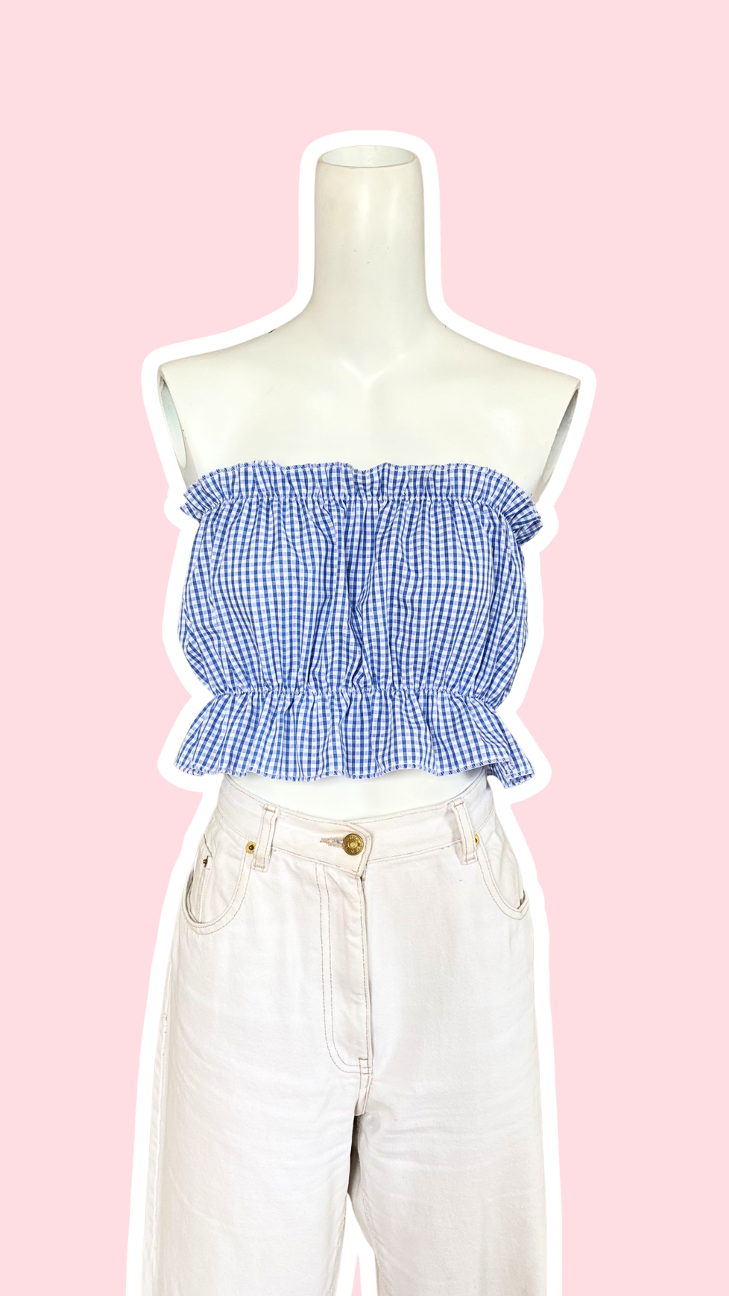 P'tis Ôh • T.XS/S au XL • Haut bandeau à froufrou vichy bleu et blanc
