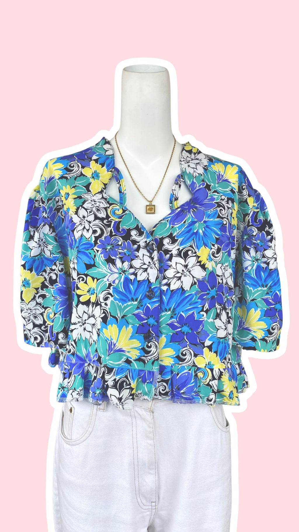 .Froufrou • T. 38  à 44 • Chemise crop top bleue, blanche et jaune fleurie