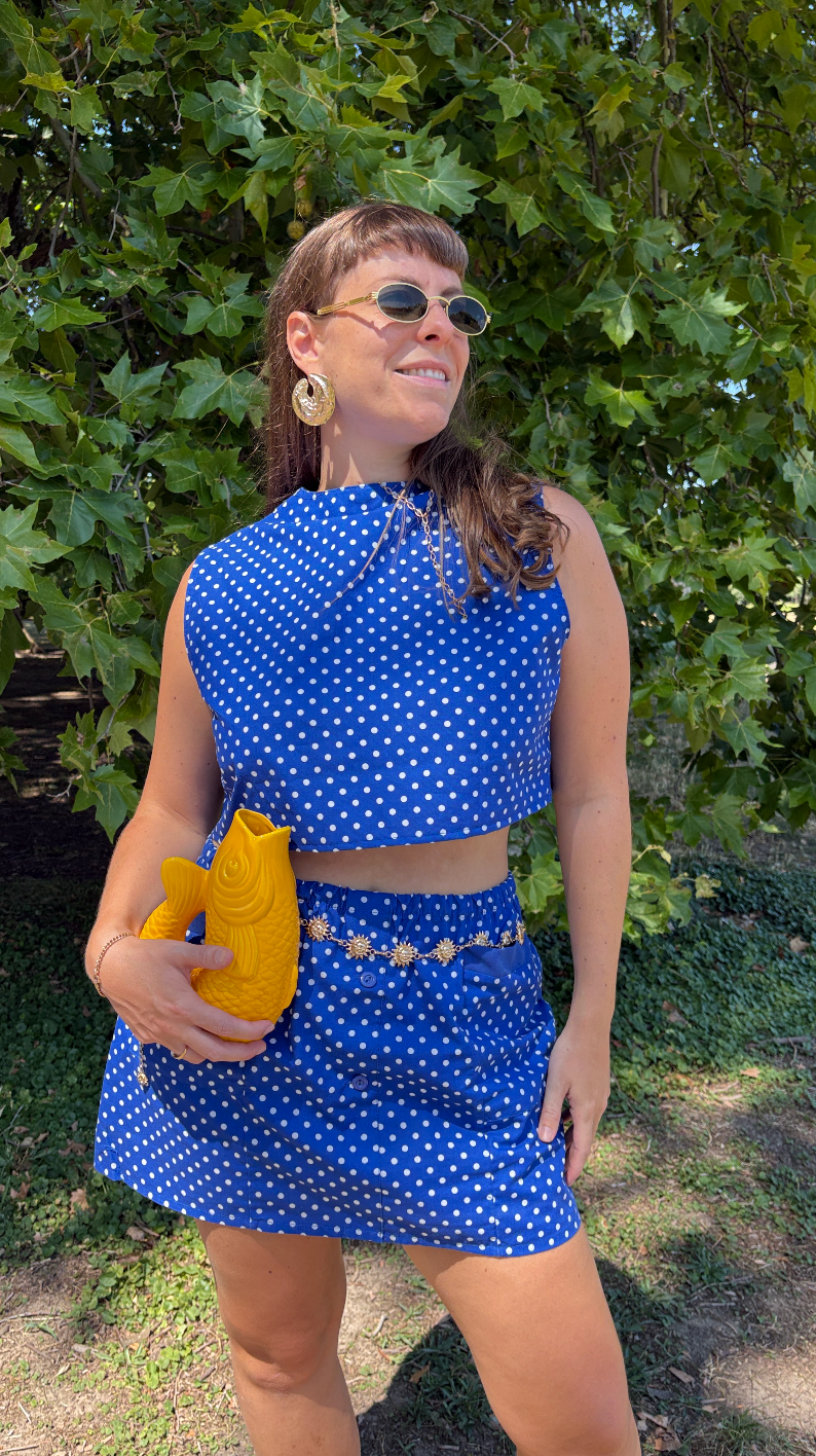Ensemble  jupe • T. M/L  • ensemble coloré bleu à pois blanc