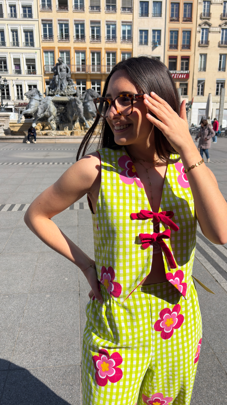 Veston • Taille unique • Veston upcyclé vichy vert / uni fushia