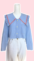 Sweaties • T.38 à 40 • Chemise upcyclée grand col bleu ciel  à carreaux blancs & orange