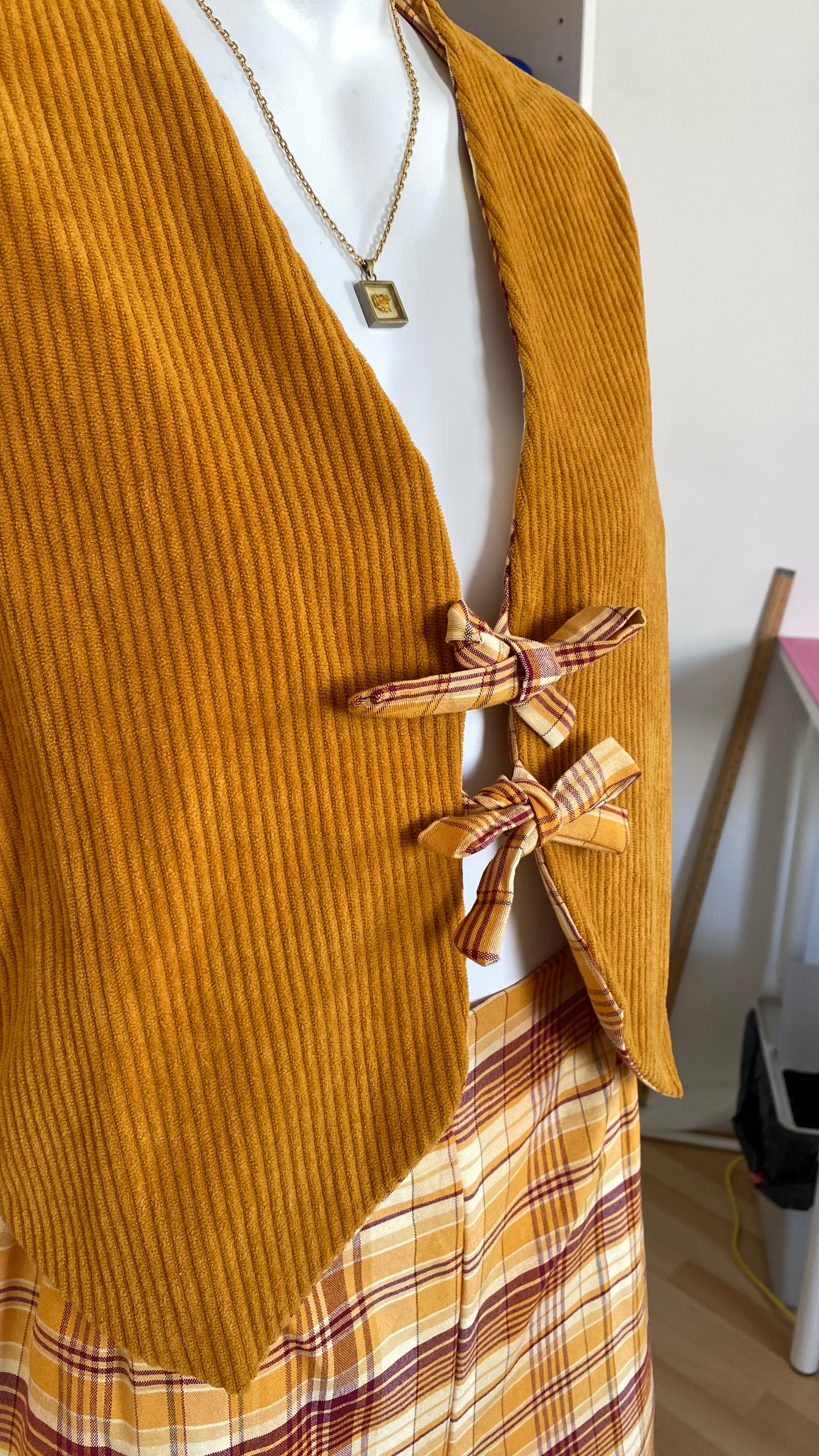 Veston réversible  • Taille unique • Carreaux & velours moutarde