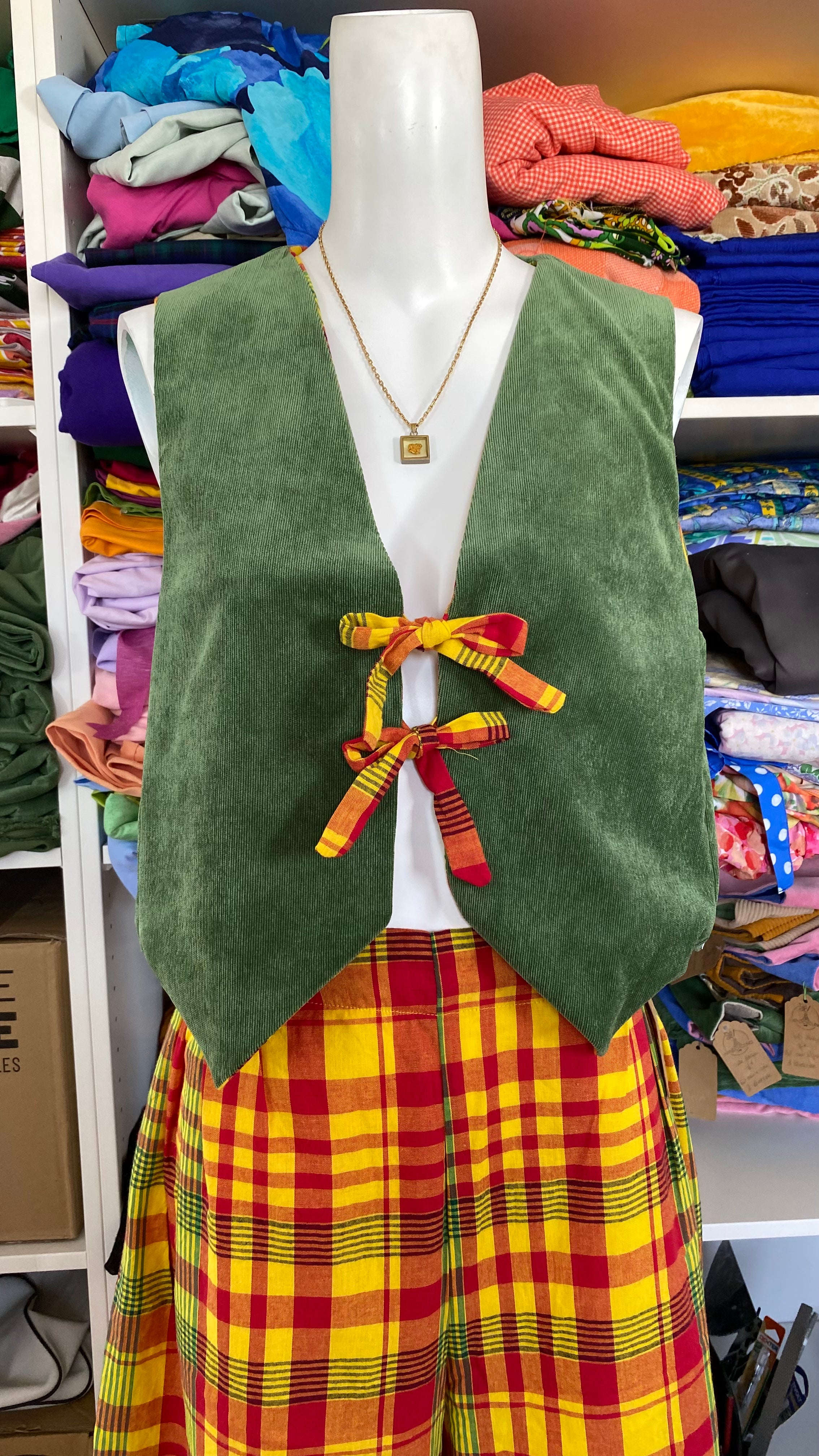 Veston réversible  • Taille unique • Madras & velours vert