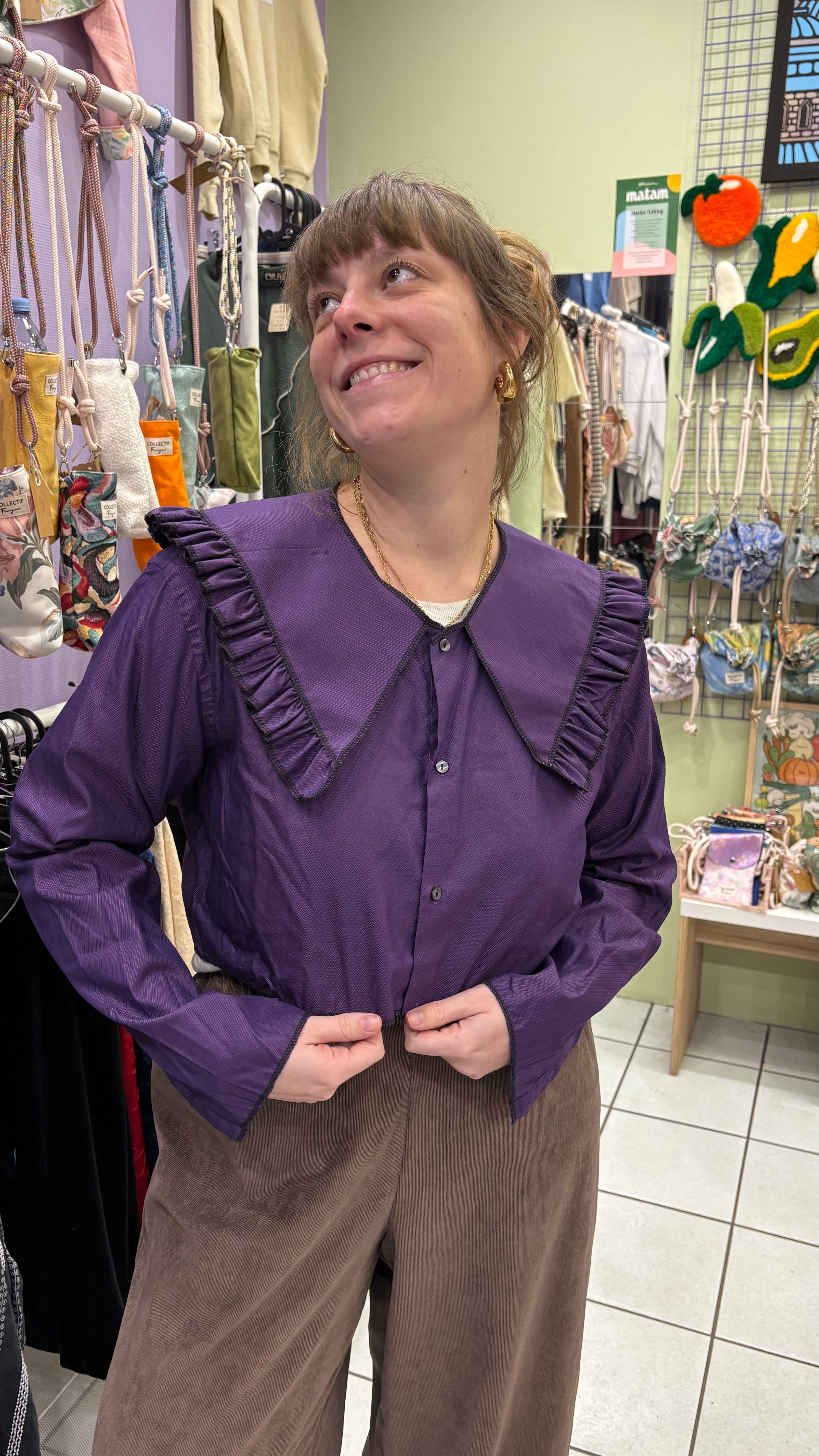 Sweaties • T.36 à 40 • Chemise upcyclée grand col rayures violettes foncées