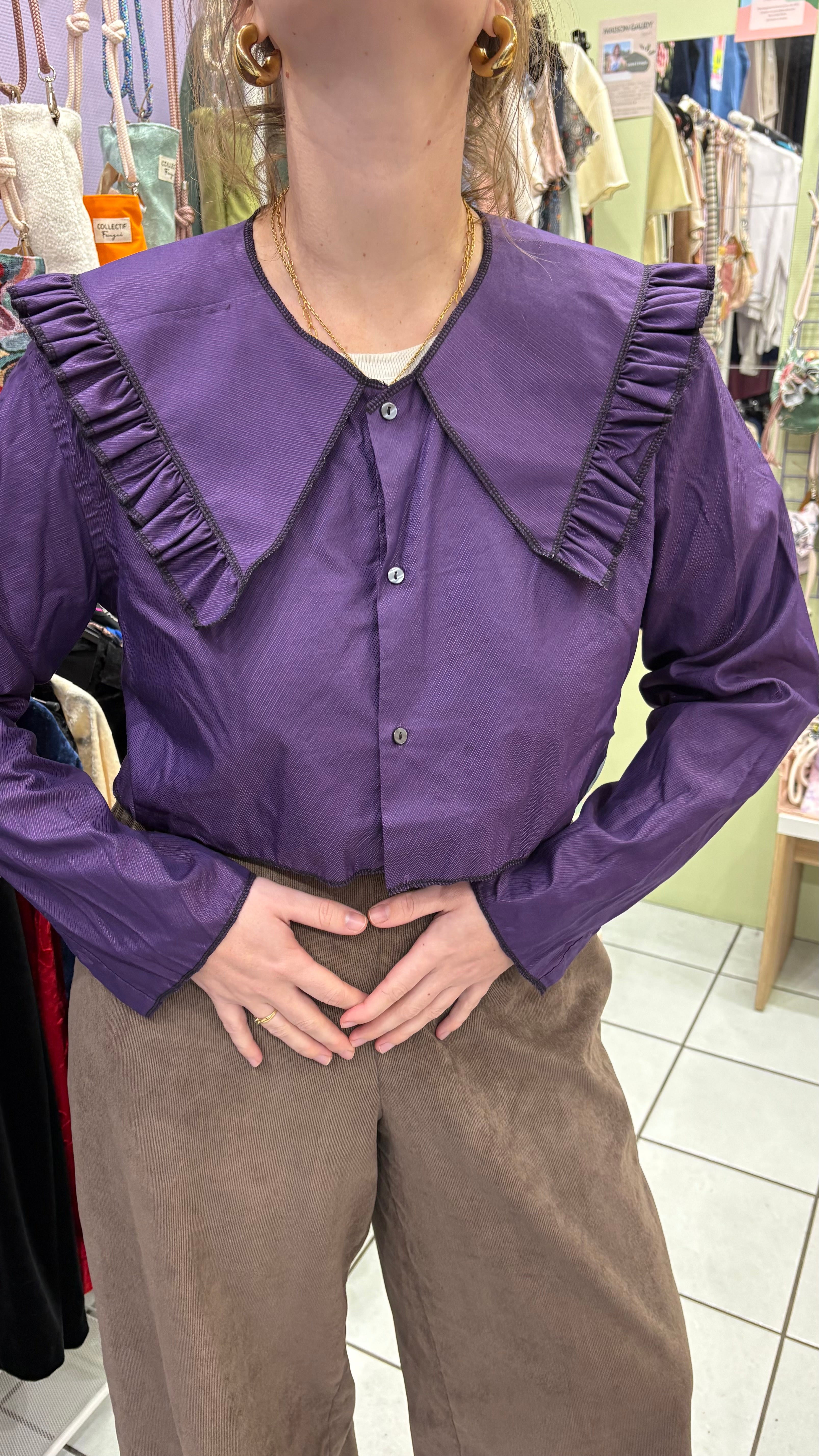 Sweaties • T.36 à 40 • Chemise upcyclée grand col rayures violettes foncées