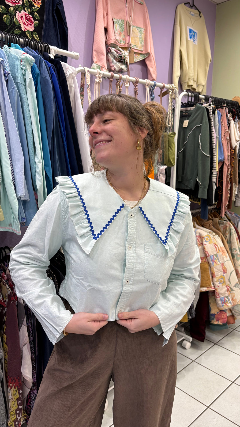 Sweaties • T.36 à 38 • Chemise upcyclée grand col bleu ciel