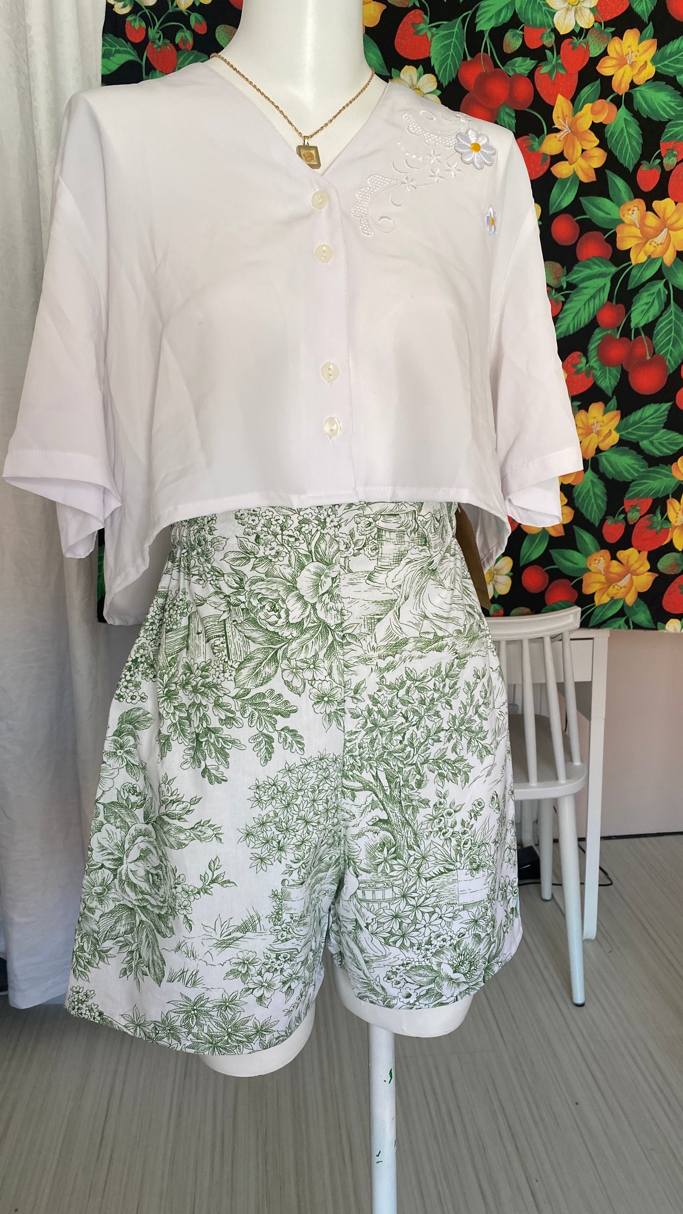 .Short • T.XS/S à XL • Short coton toile de jouy vert