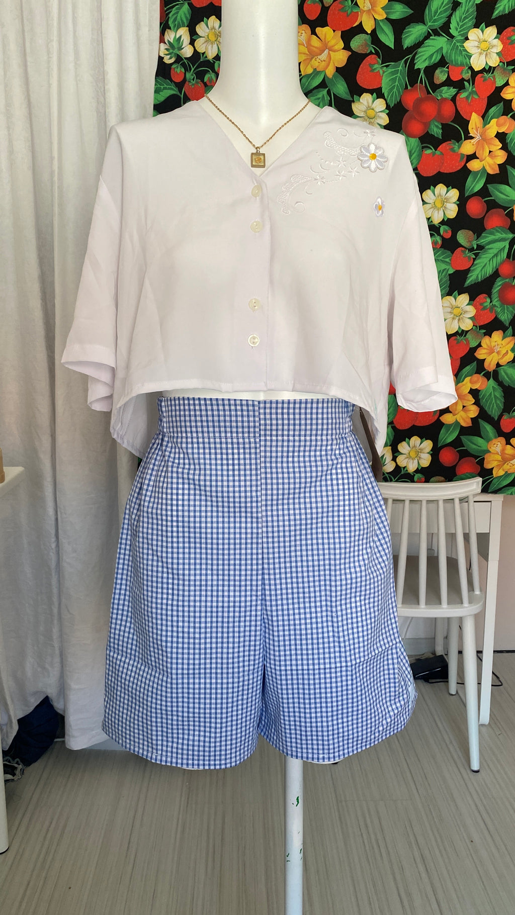 .Short • T.XS/S à XL • Short coton vichy bleu ciel