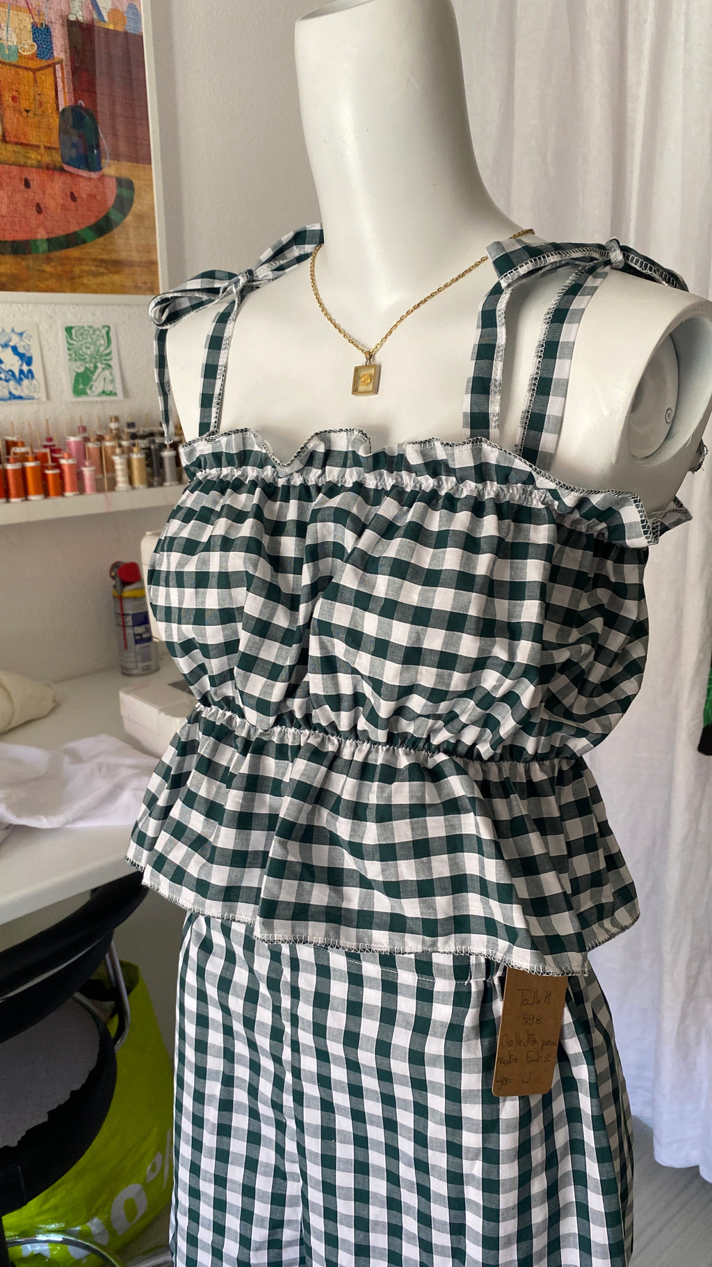 P'tis Ôh • Taille S/M & L • Haut bandeau à froufrou vichy vert et blanc